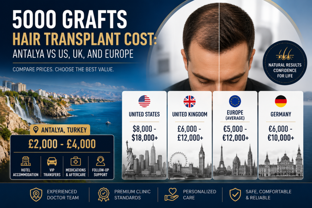 5000 Grafts Hair Transplant Cost: Antalya vs US, UK, and Europe