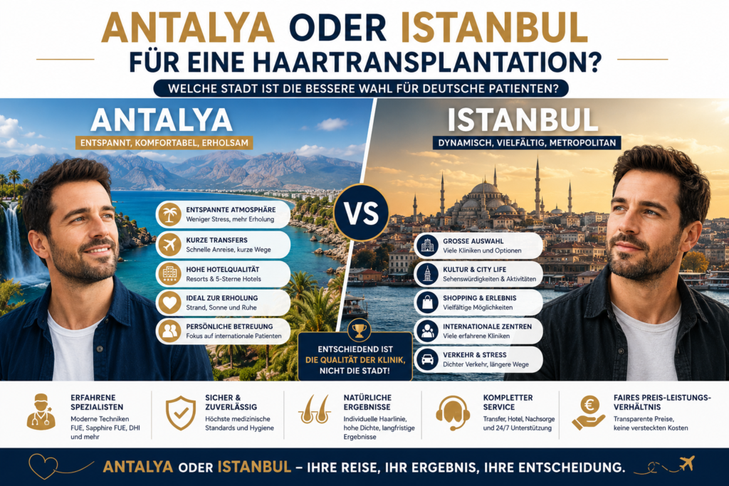 Antalya oder Istanbul für eine Haartransplantation? Welche Stadt ist die bessere Wahl für deutsche Patienten?
