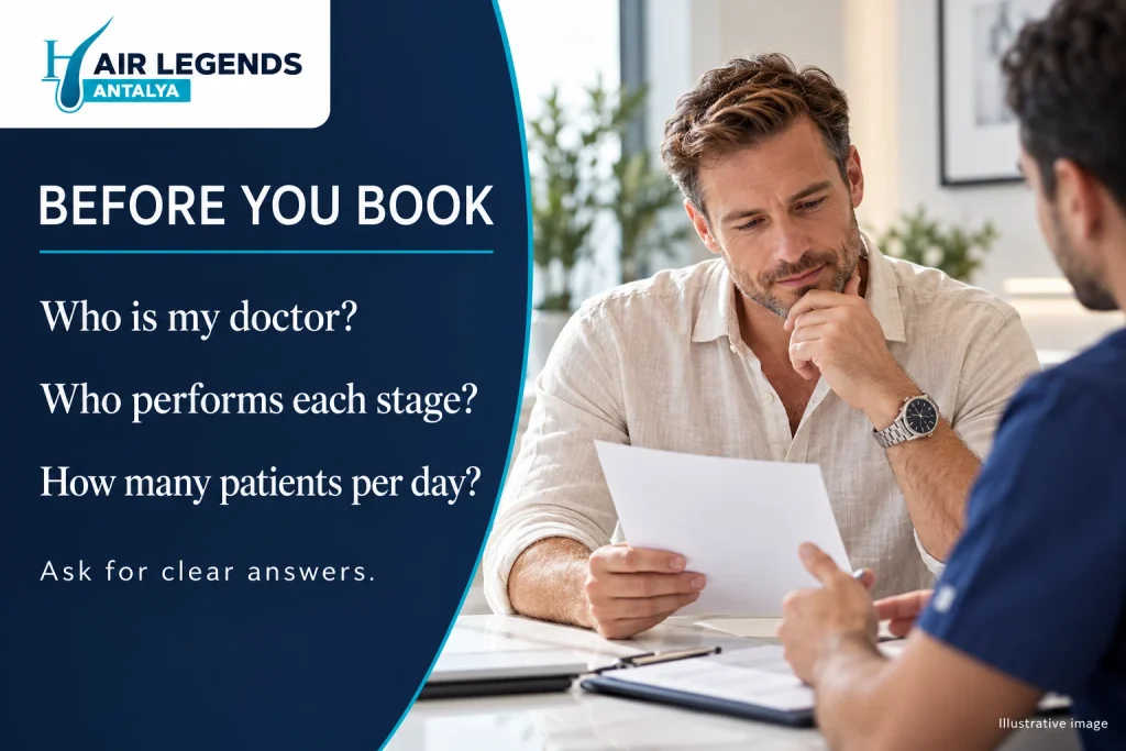 Questions about doctor involvement and daily patient numbers before booking a hair transplant